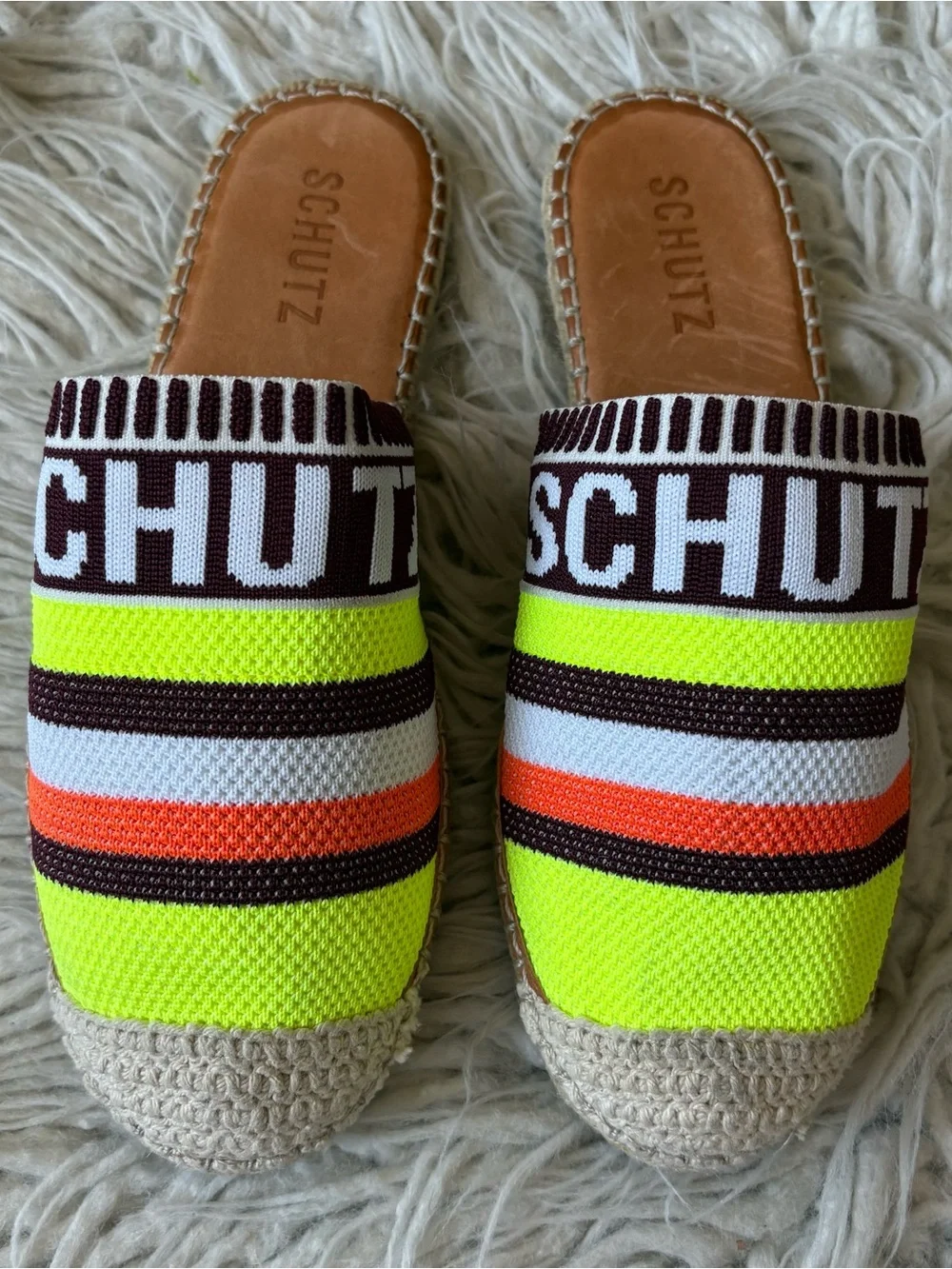 Schutz Logo Knit Multicolor Striped Flat Side Espadrille Sandals Size 38